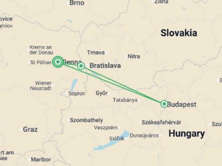 Map of Austria Tour with 3 destination visits for the trip: Viennese Waltzes and Habsburg Heritage A cruise into traditions on the beautiful Blue Danube (port-to-port cruise)