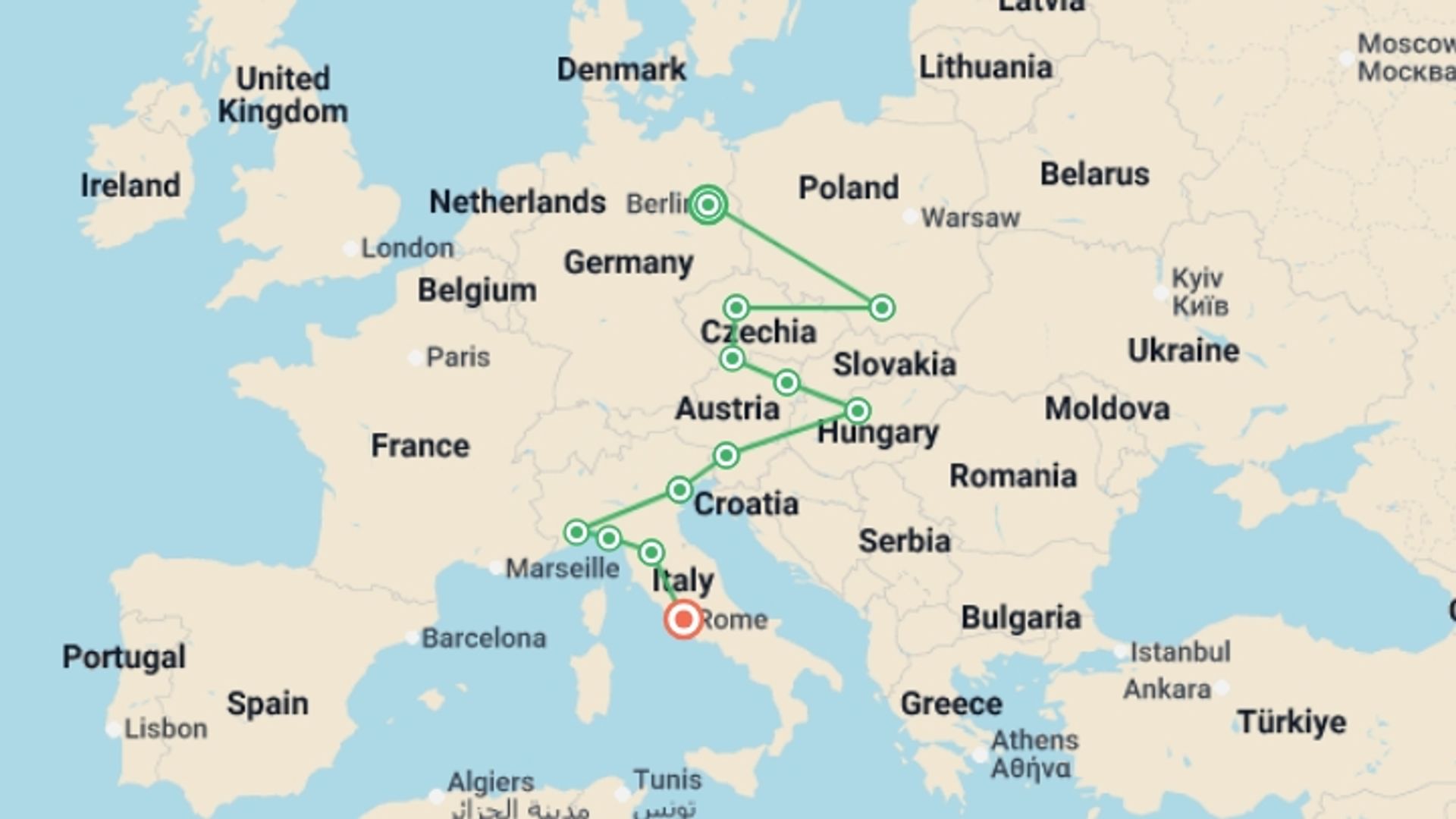 A map showing the tour itinerary for the trip: Berlin to Rome, starting in Berlin, Germany and ending in Rome, Italy going through 10 other destinations.