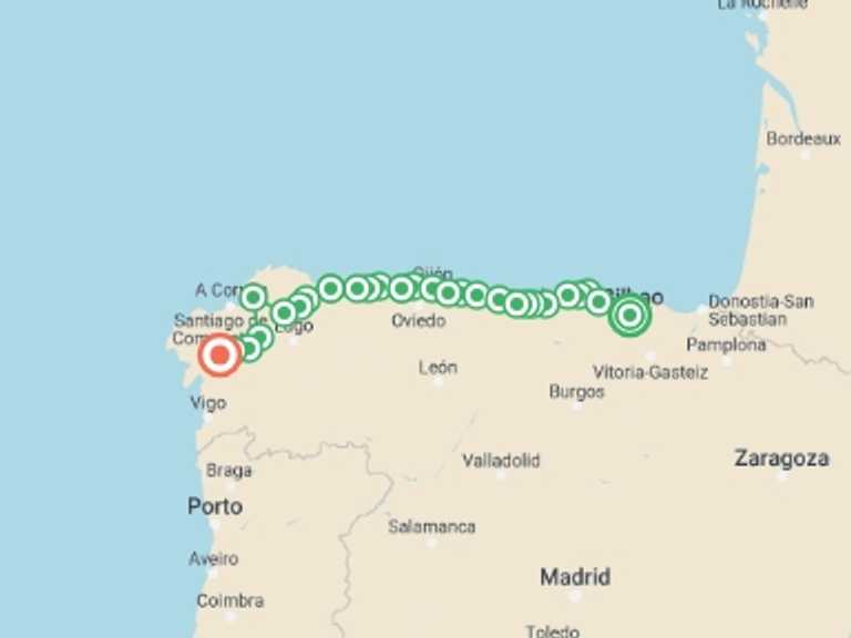 Map itinerary of Santiago De Compostela Tour in May 2026 with 28 destination visits for the trip: Camino Norte - Bilbao to Santiago