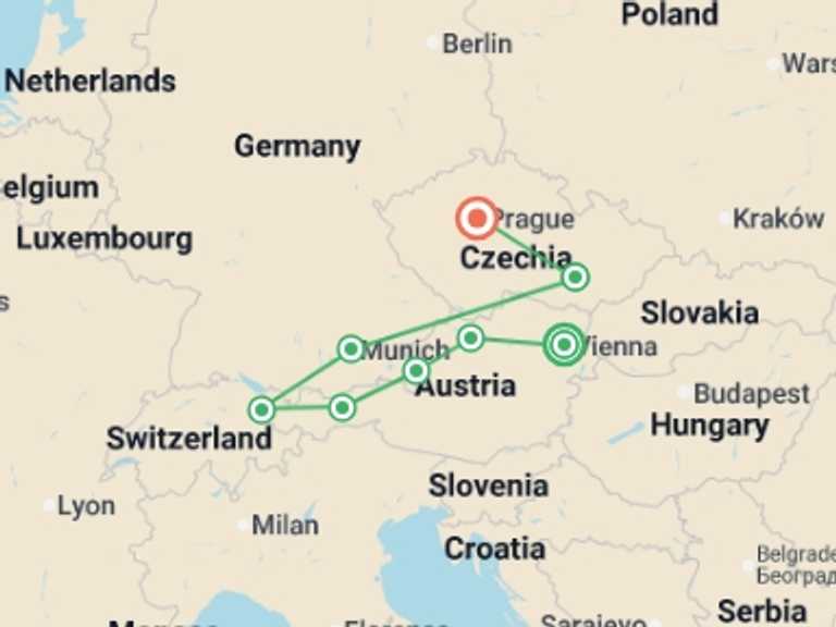 Map itinerary of Europe Tour in July 2026 with 8 destination visits for the trip: Austria, Bavaria and Magic Czechia