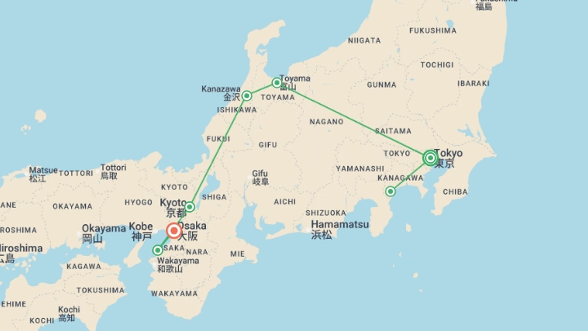 A map showing the tour itinerary for the trip: Japanese Alps Discovery Tour, starting in Tokyo, Japan and ending in Osaka, Japan going through 5 other destinations.