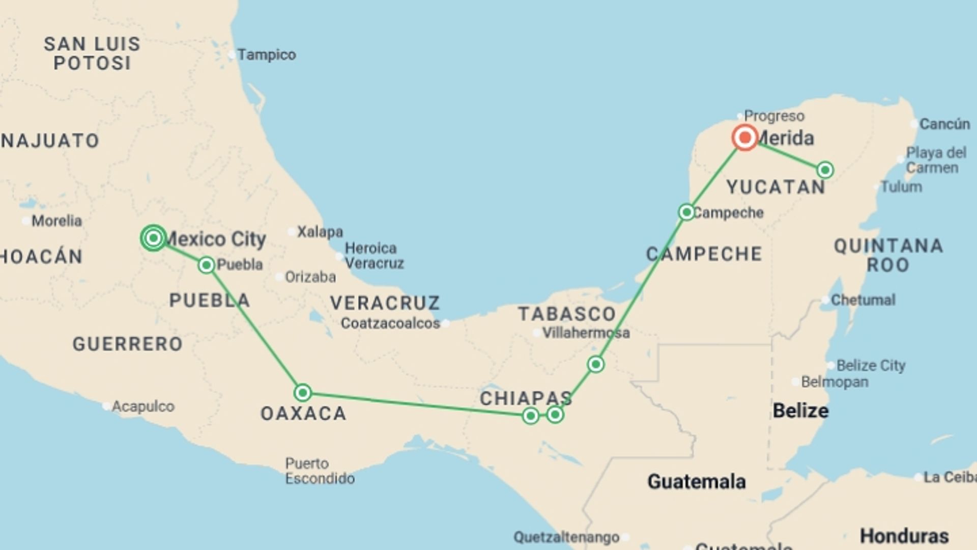 A map showing the tour itinerary for the trip: A Taste of Mexico - Markets and Mayan Sites, starting in Mexico City, Mexico and ending in Merida, Mexico going through 7 other destinations.