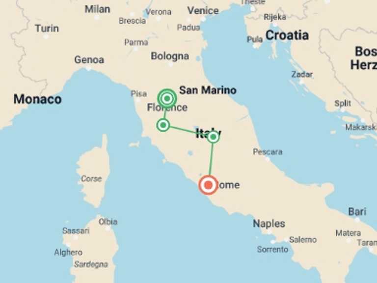 Map of Europe Photography Tour with 4 destination visits for the trip: Italy: Florence to Rome, Walking the Vineyards of Tuscany and Umbria