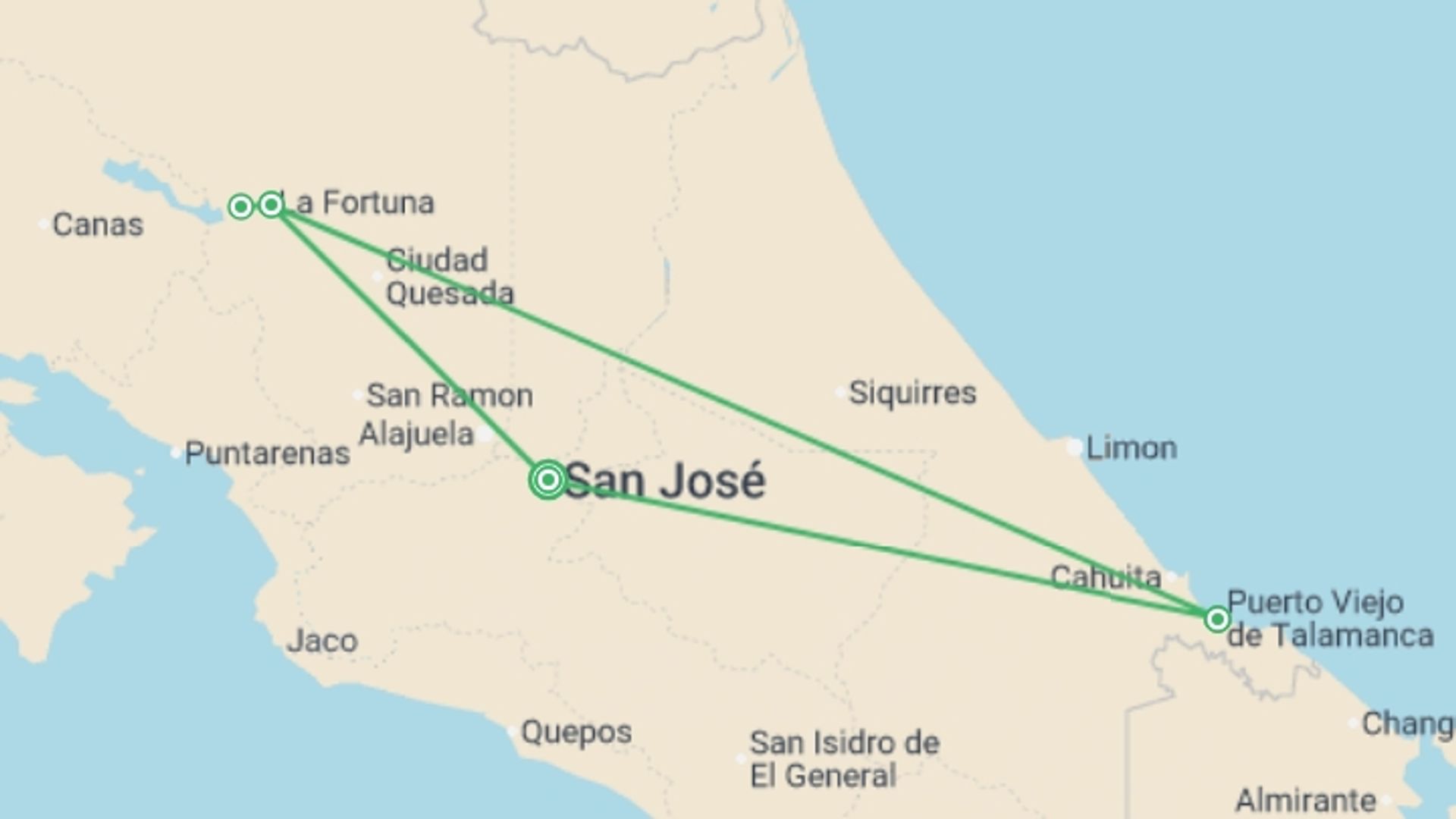 A map showing the tour itinerary for the trip: Costa Rica Nature Explorer 8D/7N, starting in San Jose, Costa Rica and ending in San Jose, Costa Rica going through 2 other destinations.