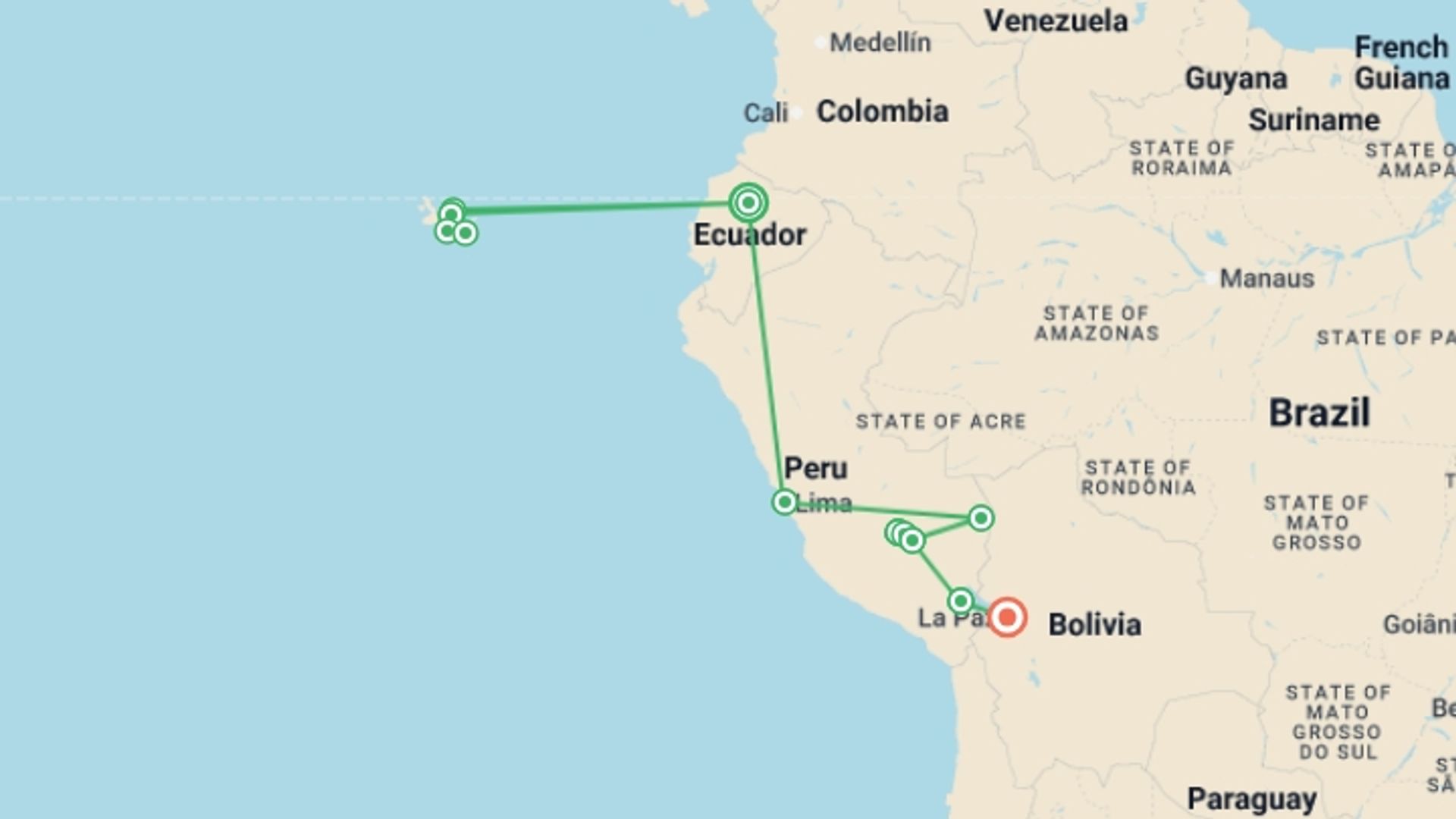 A map showing the tour itinerary for the trip: Galapagos Cruise & Peru’s Land of the Incas (Grand Daphne), starting in Quito, Ecuador and ending in La Paz, Bolivia going through 9 other destinations.