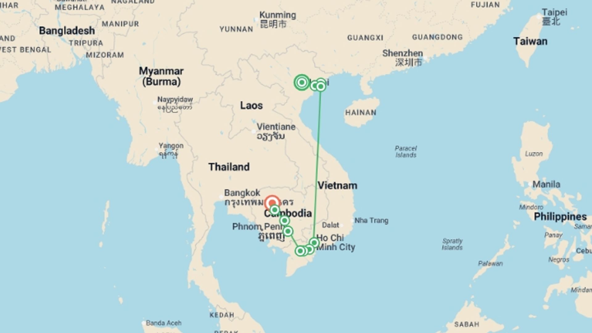 A map showing the tour itinerary for the trip: Vietnam & Cambodia Tour with Halong Bay & Mekong River Cruise, starting in Hanoi, Vietnam and ending in Siem Reap, Cambodia going through 8 other destinations.
