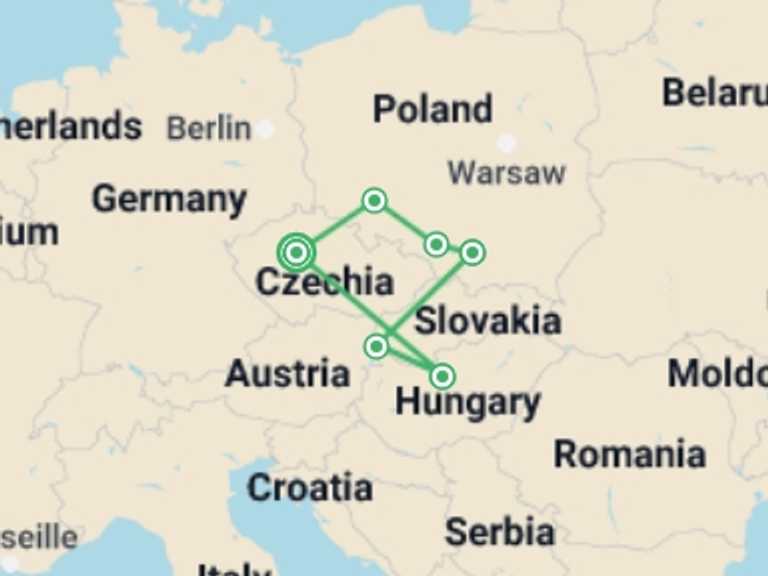 Map of Krakow Explorer Tour with 4 destination visits for the trip: Czech Republic, Budapest, and Heart of Poland, Ending in Prague