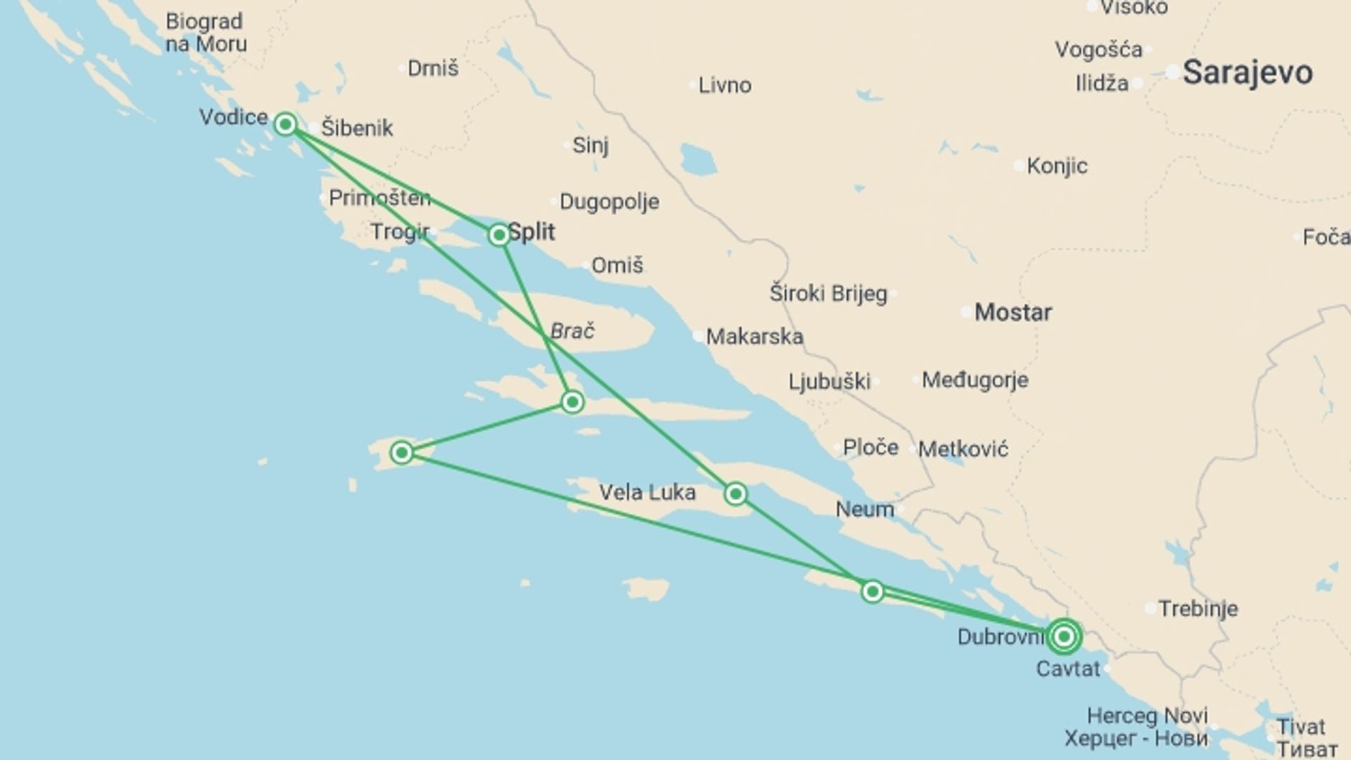 A map showing the tour itinerary for the trip: Hiking Cruise in Croatia and Montenegro (port-to-port cruise), starting in Dubrovnik, Croatia and ending in Dubrovnik, Croatia going through 5 other destinations.