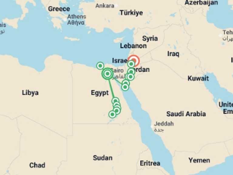 Map itinerary of Asia Tour in May 2026 with 8 destination visits for the trip: Amazing Egypt & Jordan (5 & 4 Star Hotels)