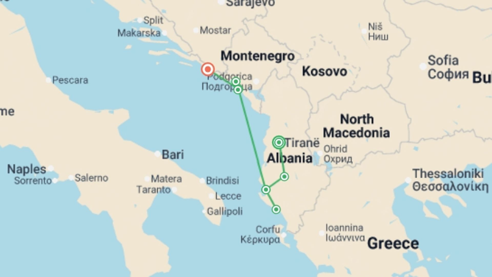 A map showing the tour itinerary for the trip: Balkans Coast Explorer , starting in Tirana, Albania and ending in Dubrovnik, Croatia going through 3 other destinations.