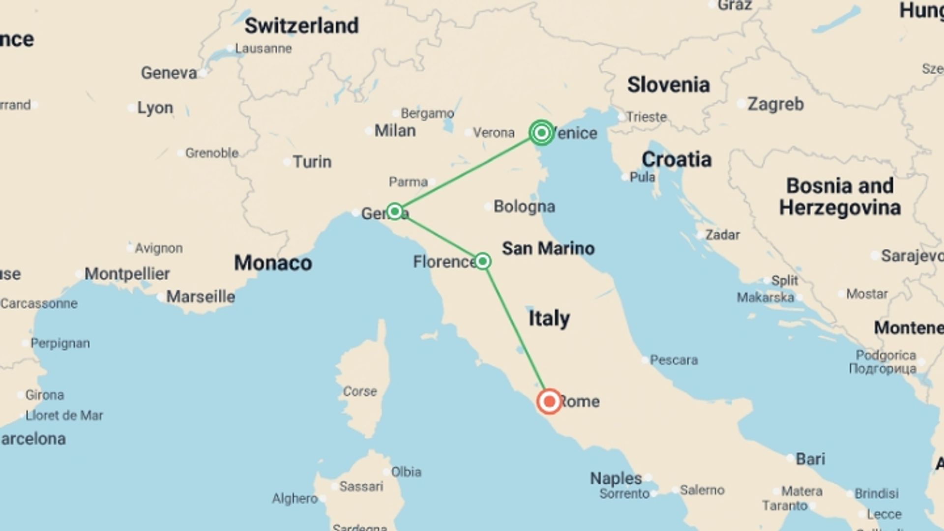 A map showing the tour itinerary for the trip: Best of Italy , starting in Venice, Italy and ending in Rome, Italy going through 2 other destinations.