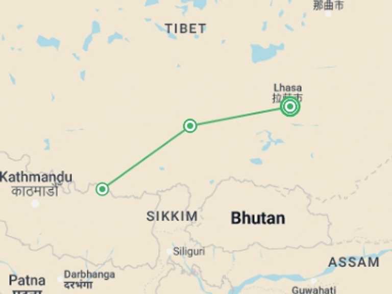 Map of a Cultural, religious and historic sites Tour with 4 destination visits for the trip: Mount Everest Base Camp from Lhasa: 8-Day Group Tour
