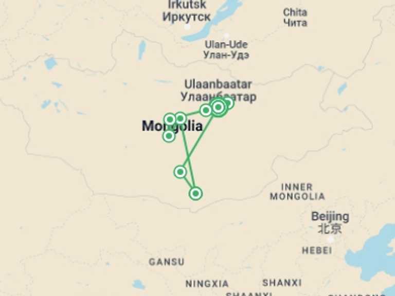 Map itinerary of Mongolia Tour in September 2026 with 8 destination visits for the trip: Discover Mongolia - Naadam Festival