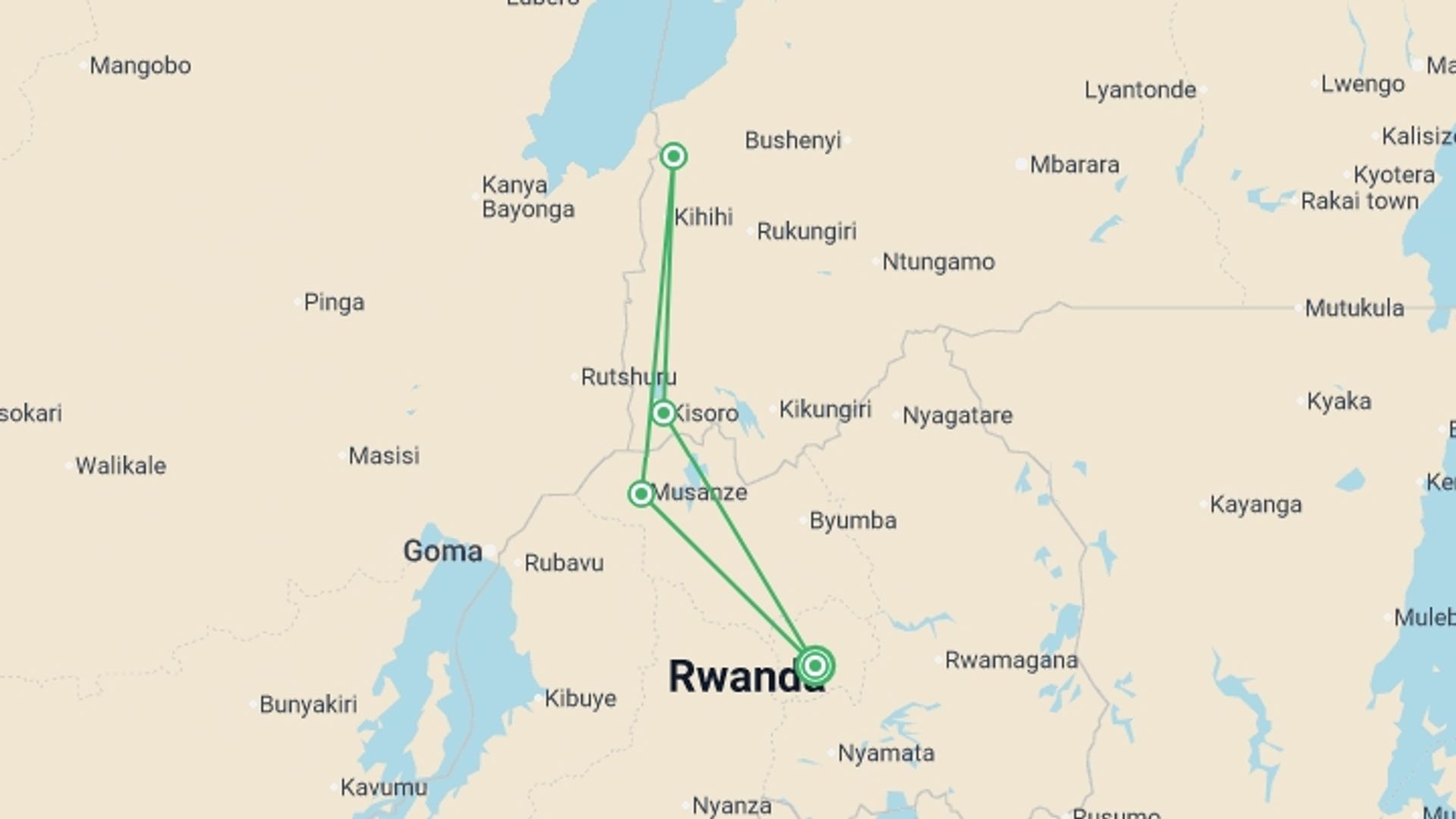 A map showing the tour itinerary for the trip: Remarkable Rwanda & Gorillas of Uganda, starting in Kigali, Rwanda and ending in Kigali, Rwanda going through 3 other destinations.