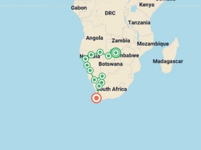 Map itinerary of Africa Tour in October 2026 with 13 destination visits for the trip: African Wildlife Explorer (VFA to CPT)