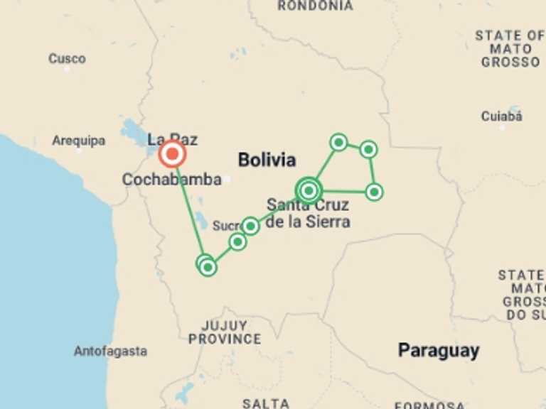 Map itinerary of Uyuni Tour in September 2026 with 9 destination visits for the trip: Culture, Landscape & Tradition of Bolivia