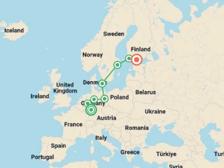 Map of Europe Tour with 8 destination visits for the trip: German Trek End Helsinki