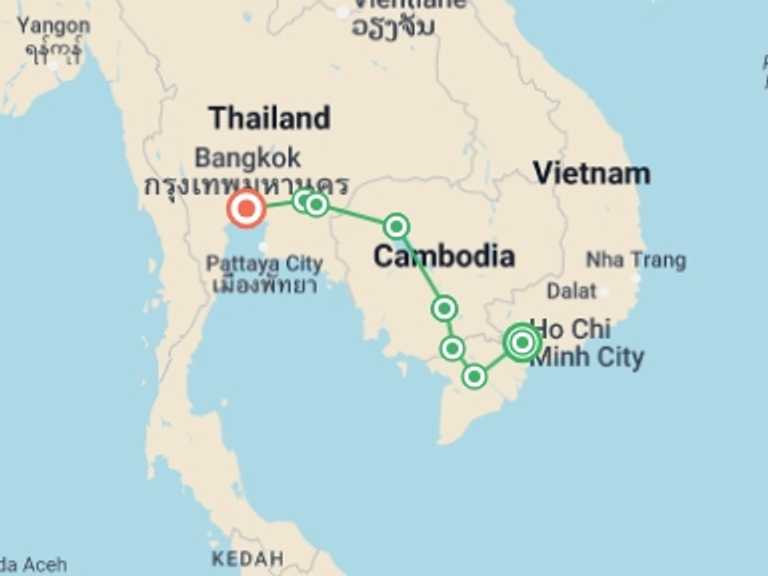 Map of 13-Day Bangkok Tour with 8 destination visits for the trip: Cycle Vietnam, Cambodia & Thailand