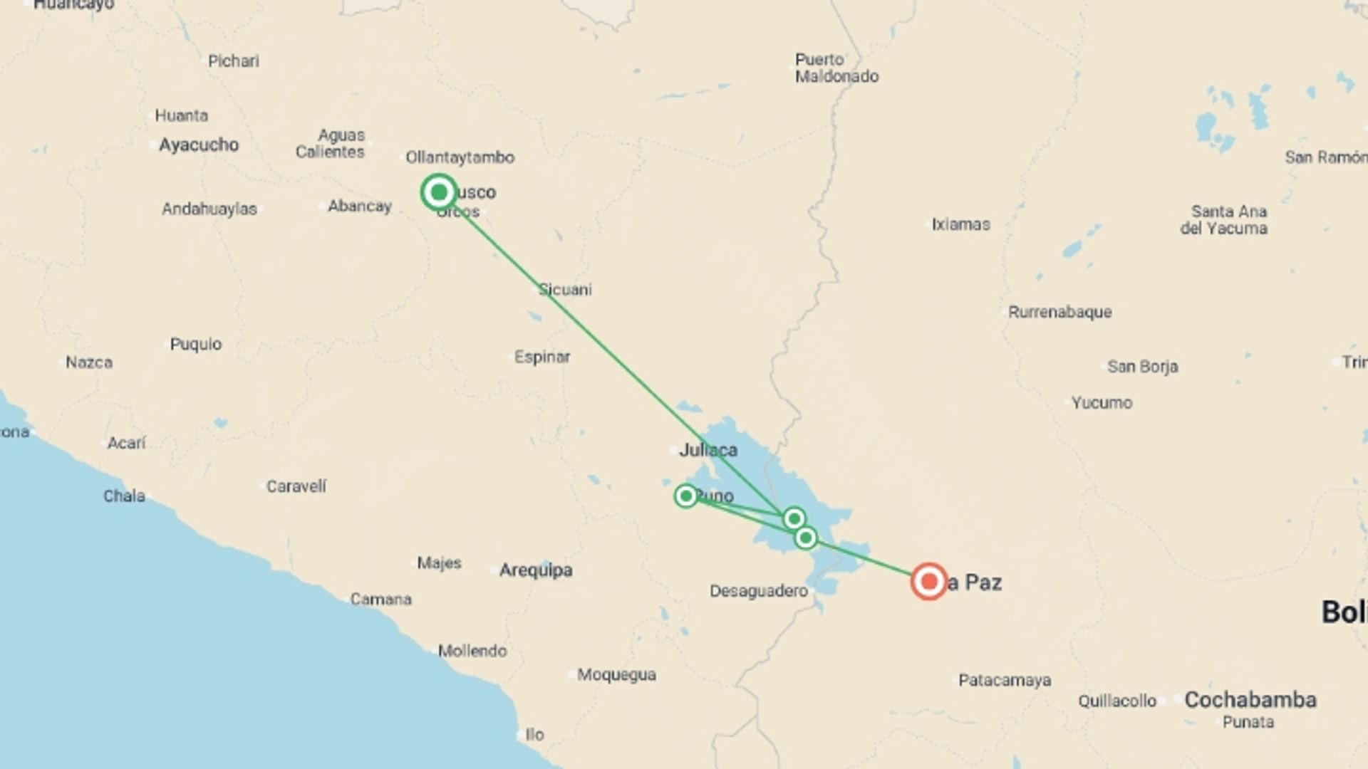 A map showing the tour itinerary for the trip: Lake Titicaca & Isla del Sol Catamaran Experience 4D/3N (Cuzco to La Paz), starting in Cusco, Peru and ending in La Paz, Bolivia going through 2 other destinations.