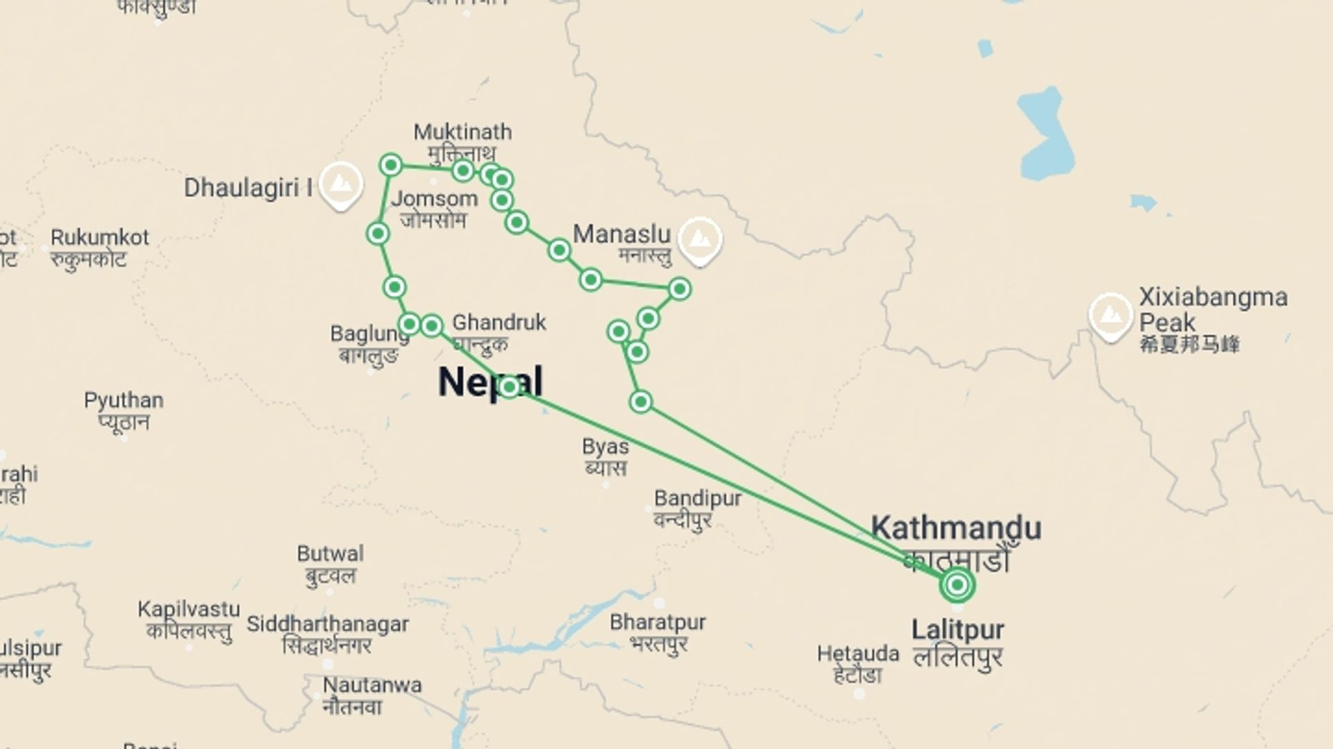A map showing the tour itinerary for the trip: Annapurna Circuit Trek, starting in Kathmandu, Nepal and ending in Kathmandu, Nepal going through 17 other destinations.