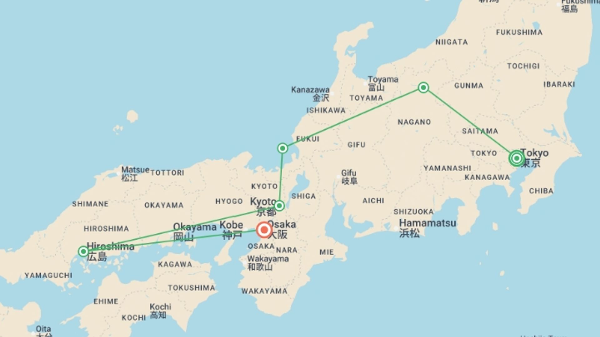 A map showing the tour itinerary for the trip: Solo-ish Japan, starting in Tokyo, Japan and ending in Osaka, Japan going through 4 other destinations.