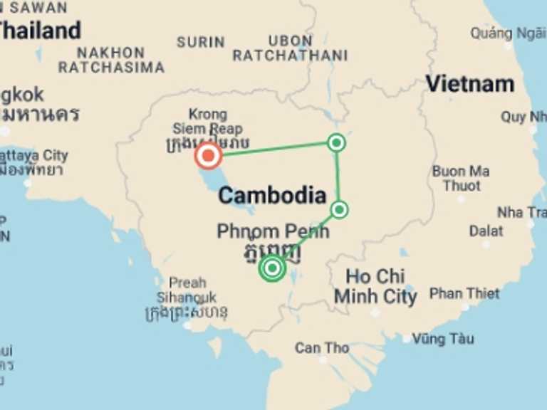 Map of a Kayaking and canoeing Tour with 4 destination visits for the trip: Cambodia: Hike, Bike & Kayak
