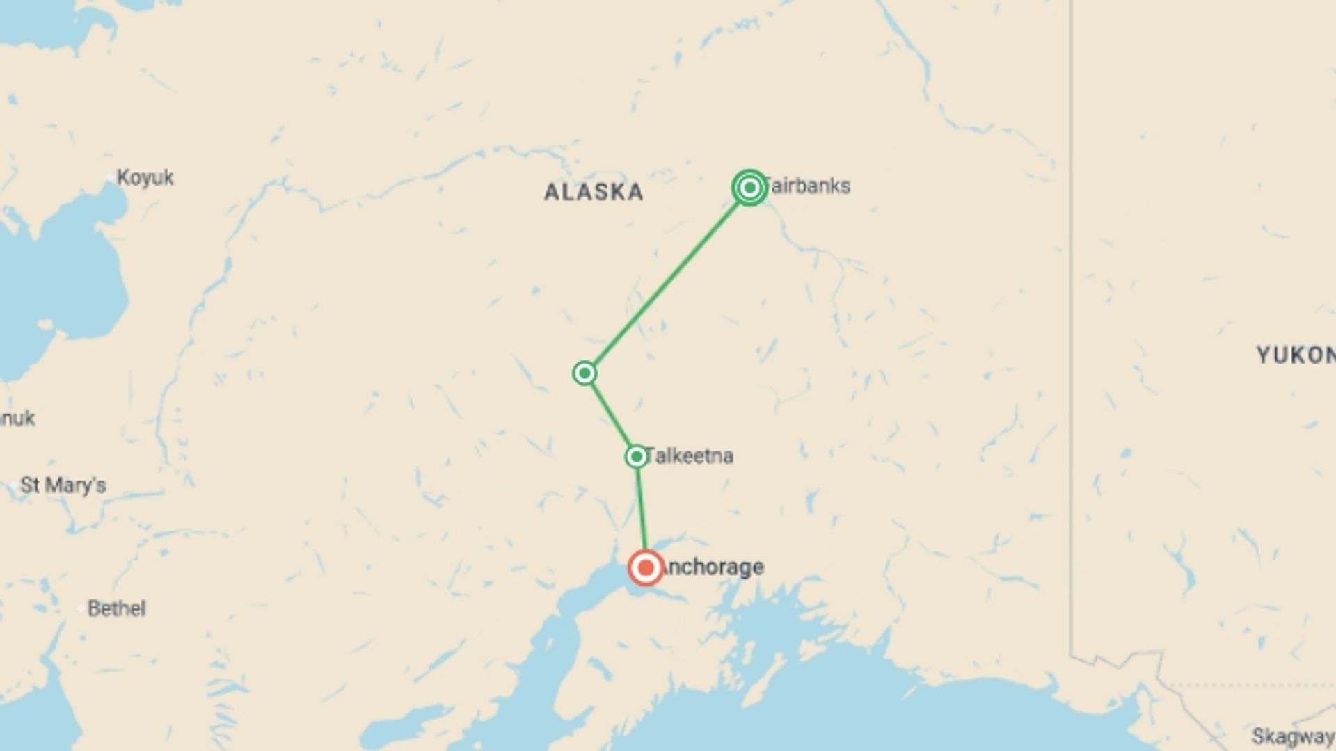 A map showing the tour itinerary for the trip: Alaska: America's Last Frontier , starting in Fairbanks, USA and ending in Anchorage, USA going through 2 other destinations.