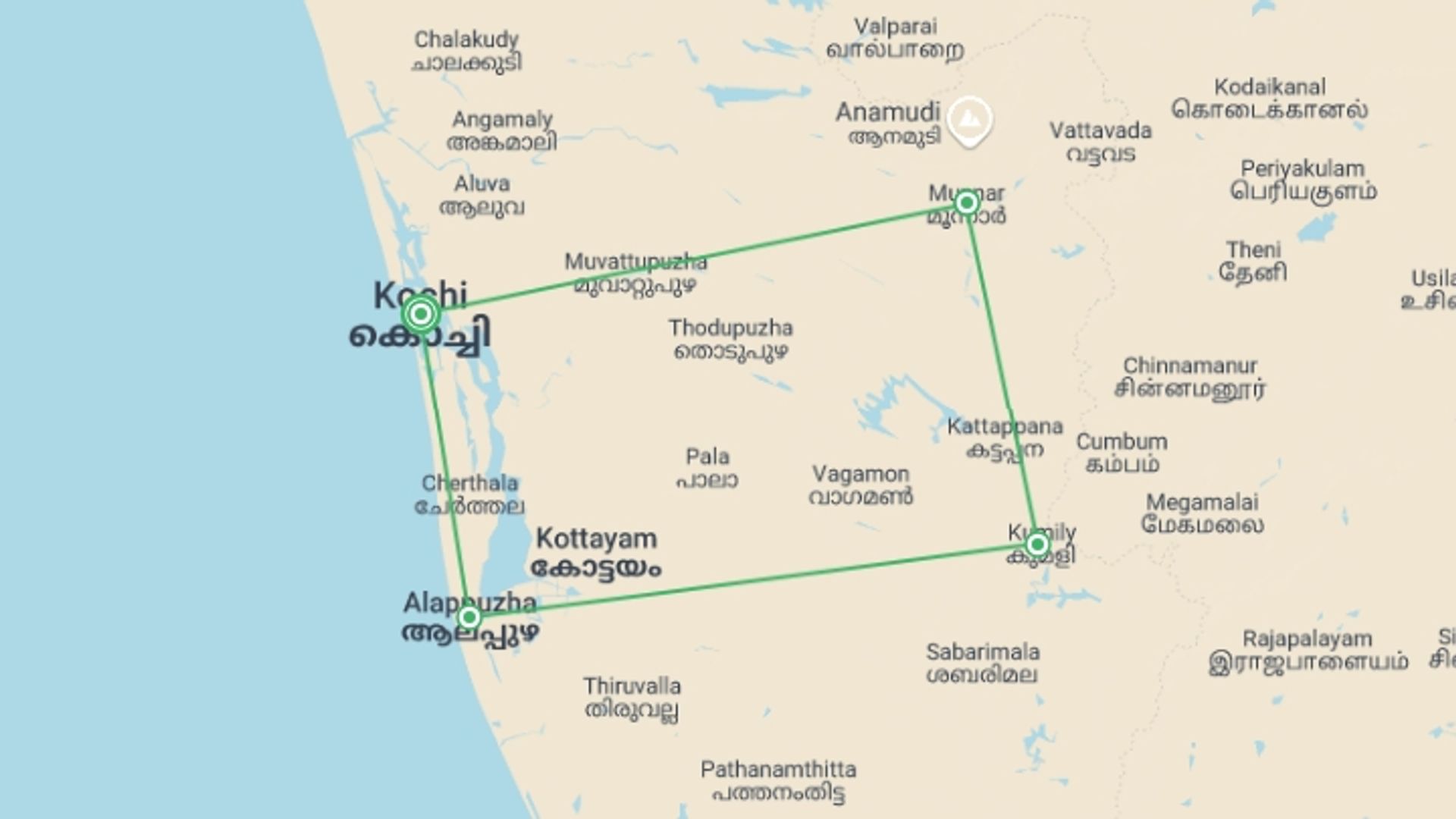 A map showing the tour itinerary for the trip: Explore Kerala, God's Own Country, starting in Kochi, India and ending in Kochi, India going through 3 other destinations.
