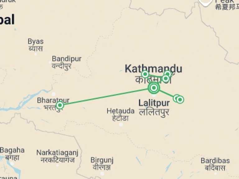 Map itinerary of Nepal Tour in Winter with 6 destination visits for the trip: Biking and Safari Adventure