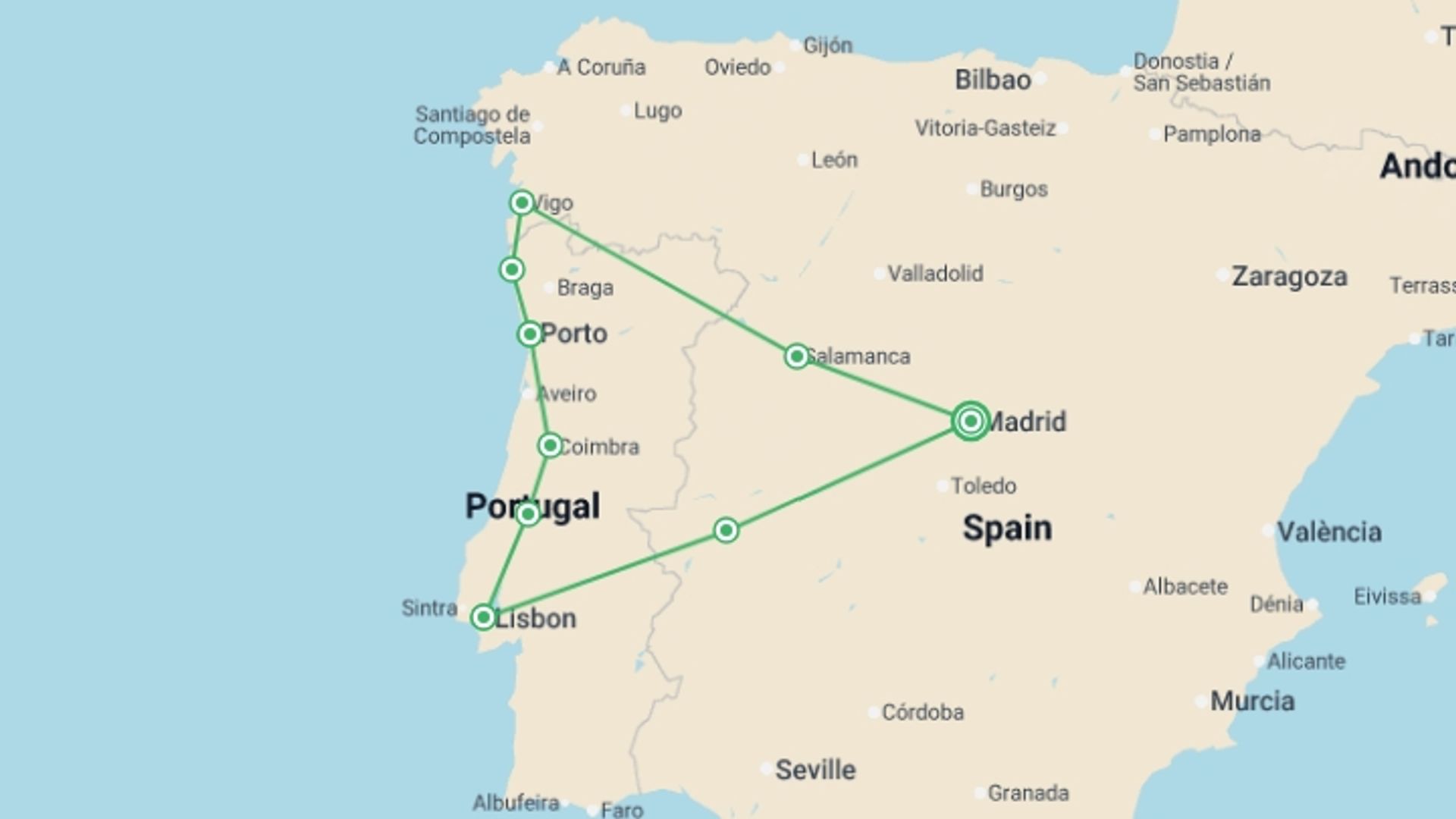 A map showing the tour itinerary for the trip: Castilla & Portugal Explorer - 7 days, starting in Madrid, Spain and ending in Madrid, Spain going through 4 other destinations.