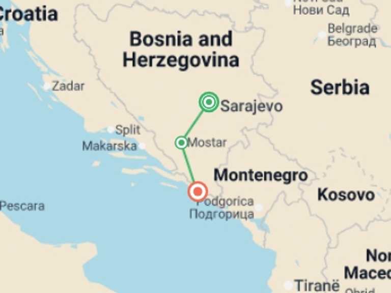 Map itinerary of Mediterranean Tour in August 2026 with 3 destination visits for the trip: Sarajevo to Dubrovnik - 4 days