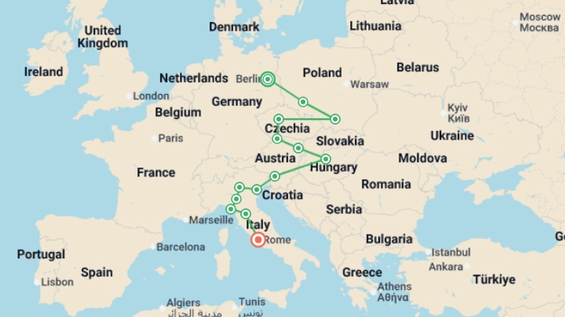 A map showing the tour itinerary for the trip: Epic Europe: Central and Italy, starting in Berlin, Germany and ending in Rome, Italy going through 12 other destinations.