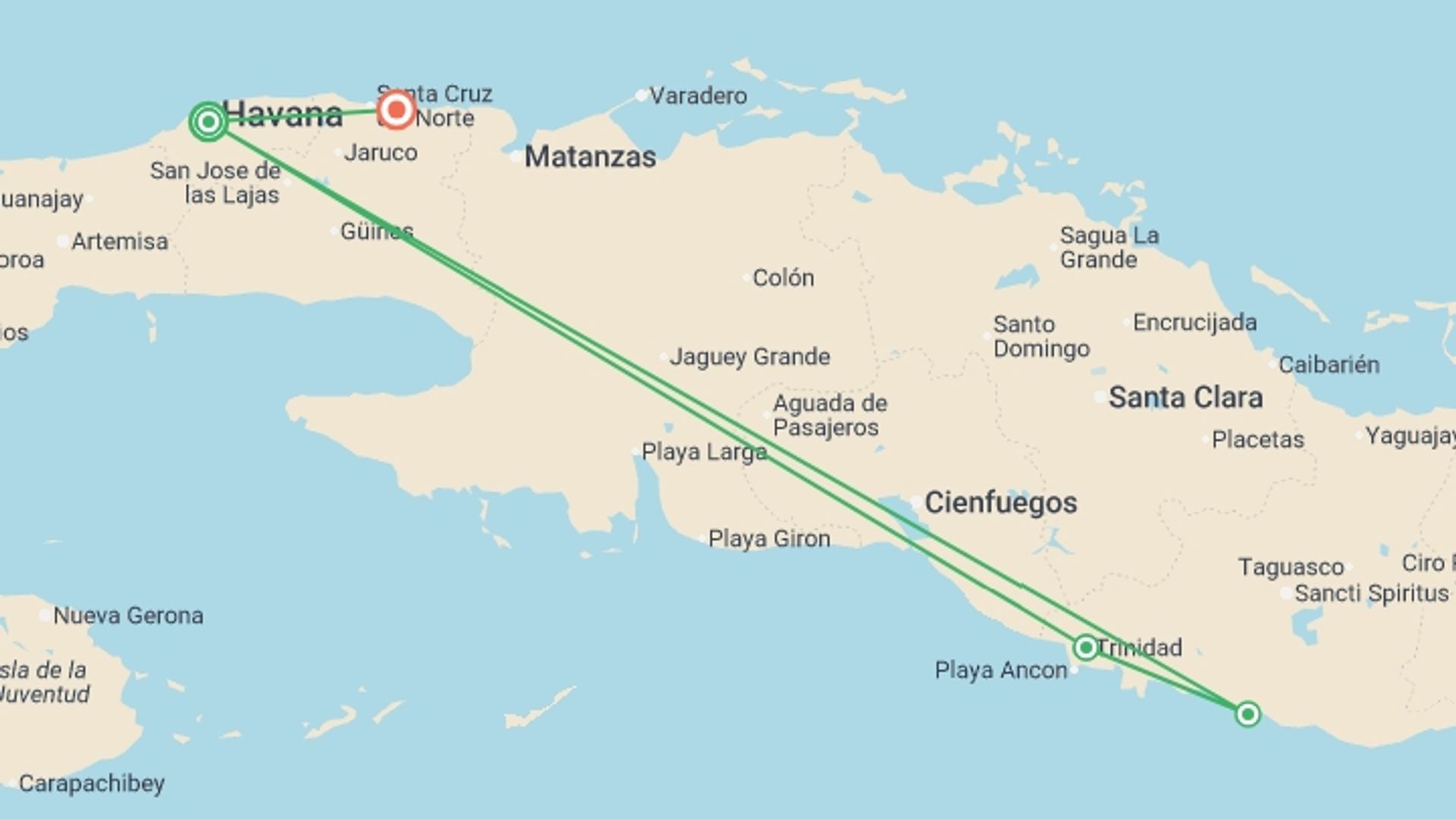 A map showing the tour itinerary for the trip: Best of Western Cuba + Beach Extension, starting in Havana, Cuba and ending in Playa Jibacoa, Cuba going through 2 other destinations.