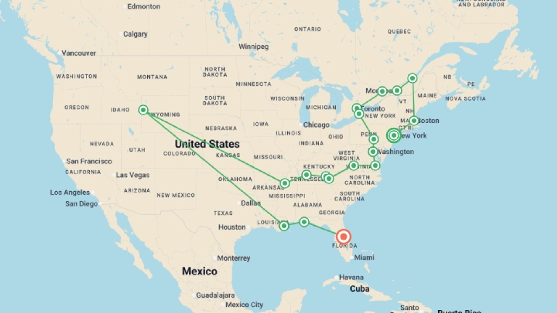A map showing the tour itinerary for the trip: The American East & Niagara Falls - 19 days, starting in New York, USA and ending in Orlando, USA going through 13 other destinations.