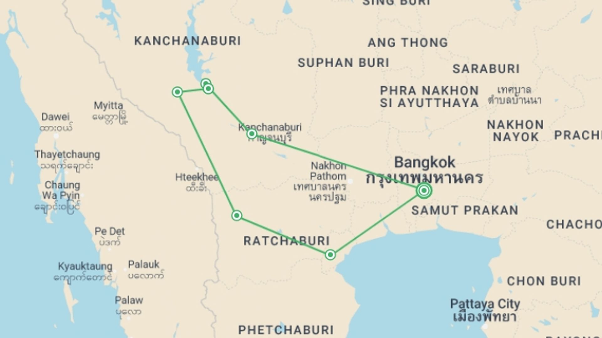 A map showing the tour itinerary for the trip: Kanchanaburi Hills, starting in Bangkok, Thailand and ending in Bangkok, Thailand going through 6 other destinations.