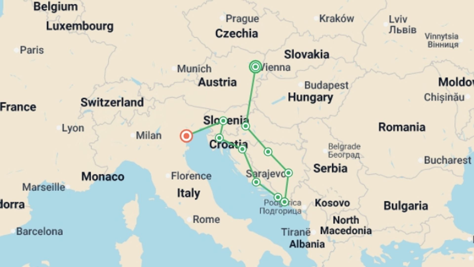 A map showing the tour itinerary for the trip: Solo Lite Spectacular Adriatic Journey, starting in Vienna, Austria and ending in Venice, Italy going through 8 other destinations.