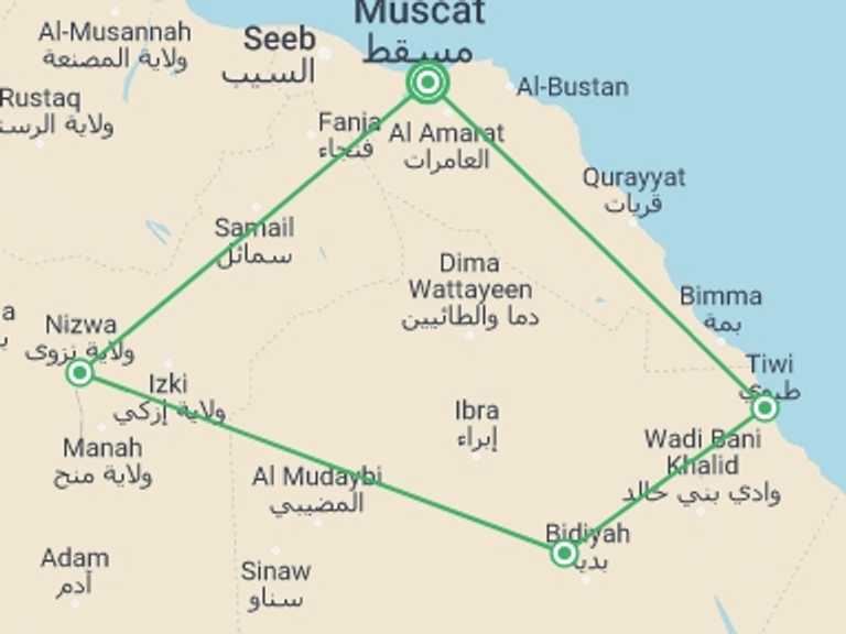Map of Oman Tour with 4 destination visits for the trip: Premium Oman Discovery Tour