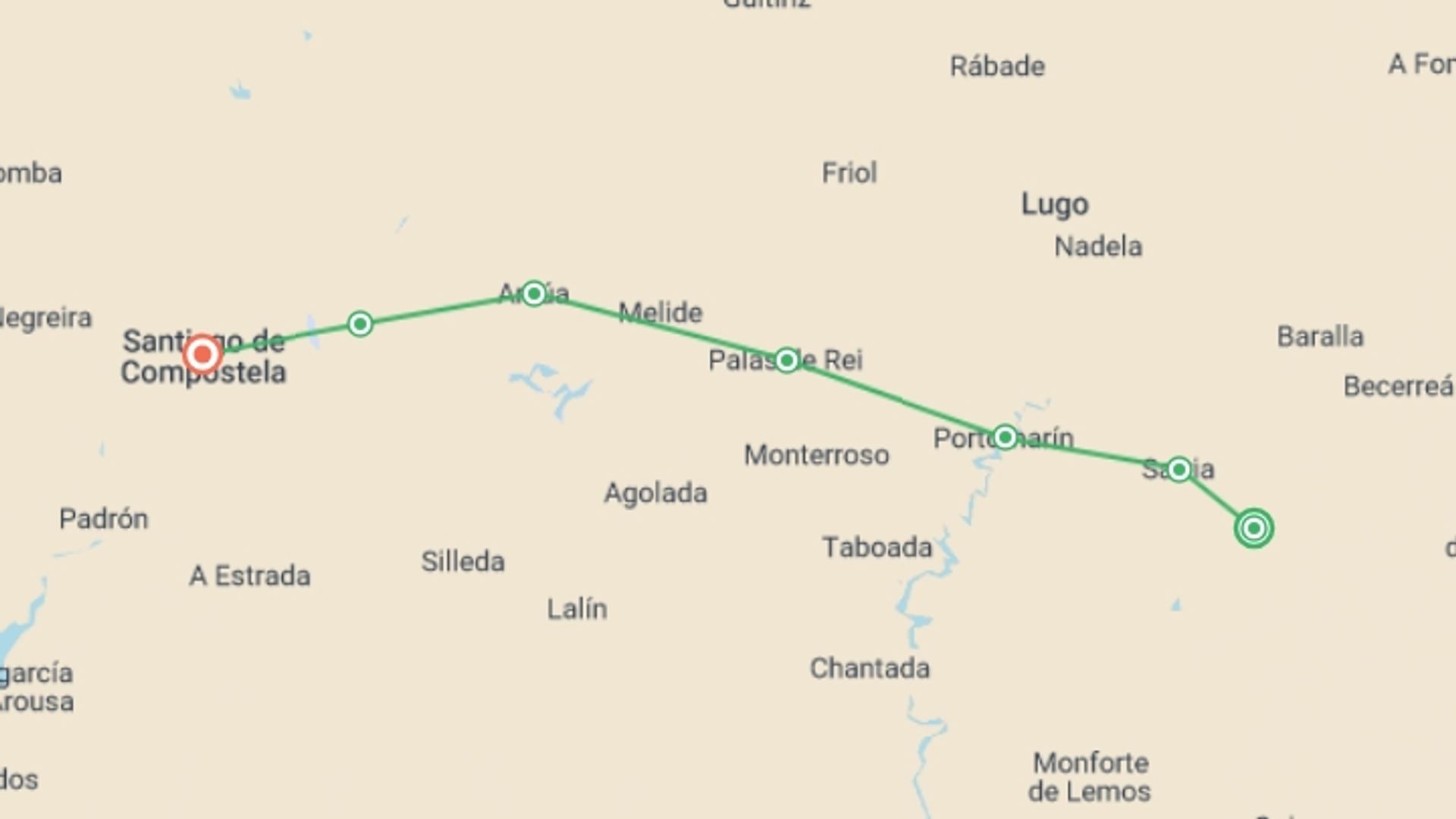 A map showing the tour itinerary for the trip: Trekking the Camino de Santiago, starting in Samos, Spain and ending in Santiago De Compostela, Spain going through 6 other destinations.