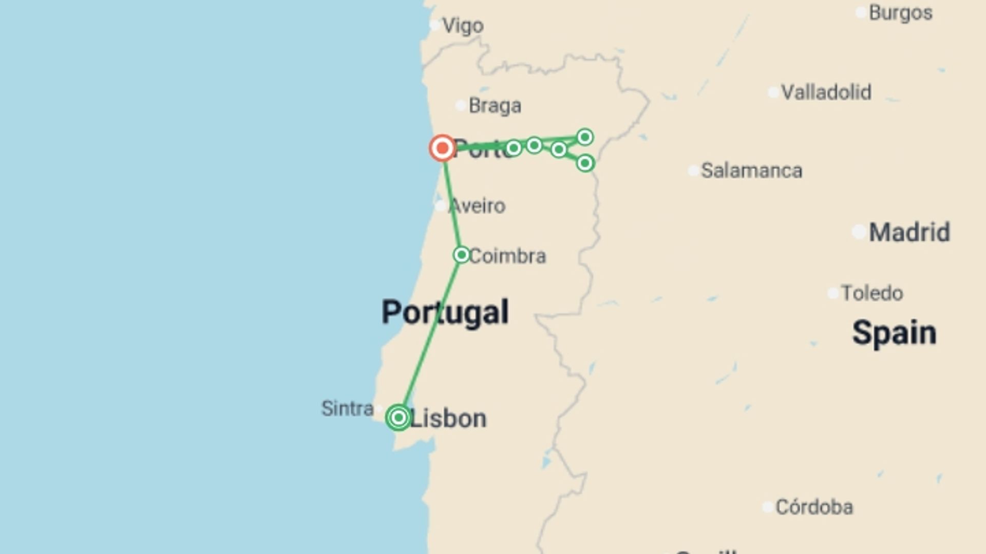 A map showing the tour itinerary for the trip: Lisbon, Porto and the Douro valley (Portugal) and Salamanca (Spain) (port-to-port cruise), starting in Lisbon, Portugal and ending in Porto, Portugal going through 4 other destinations.