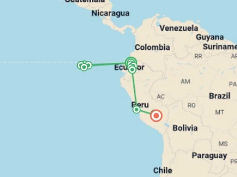 Map of South America Tour with 11 destination visits for the trip: Ecuador, Galapagos & Peru Explorer