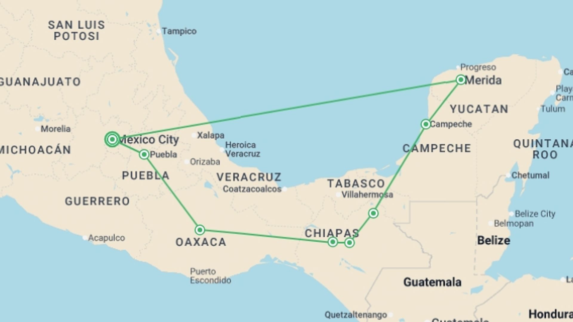 A map showing the tour itinerary for the trip: Beautiful Mexico, starting in Mexico City, Mexico and ending in Mexico City, Mexico going through 7 other destinations.
