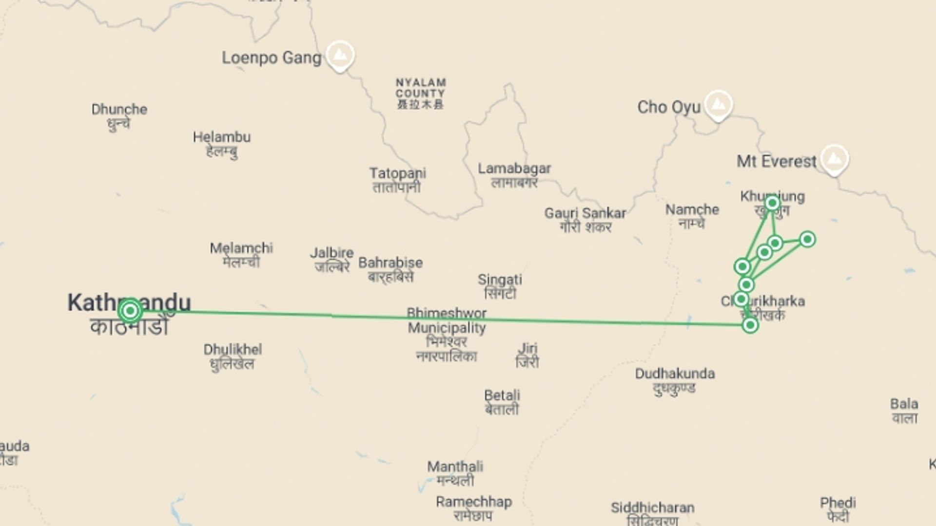 A map showing the tour itinerary for the trip: Trek to Ama Dablam Base Camp (12 Days), starting in Kathmandu, Nepal and ending in Kathmandu, Nepal going through 8 other destinations.