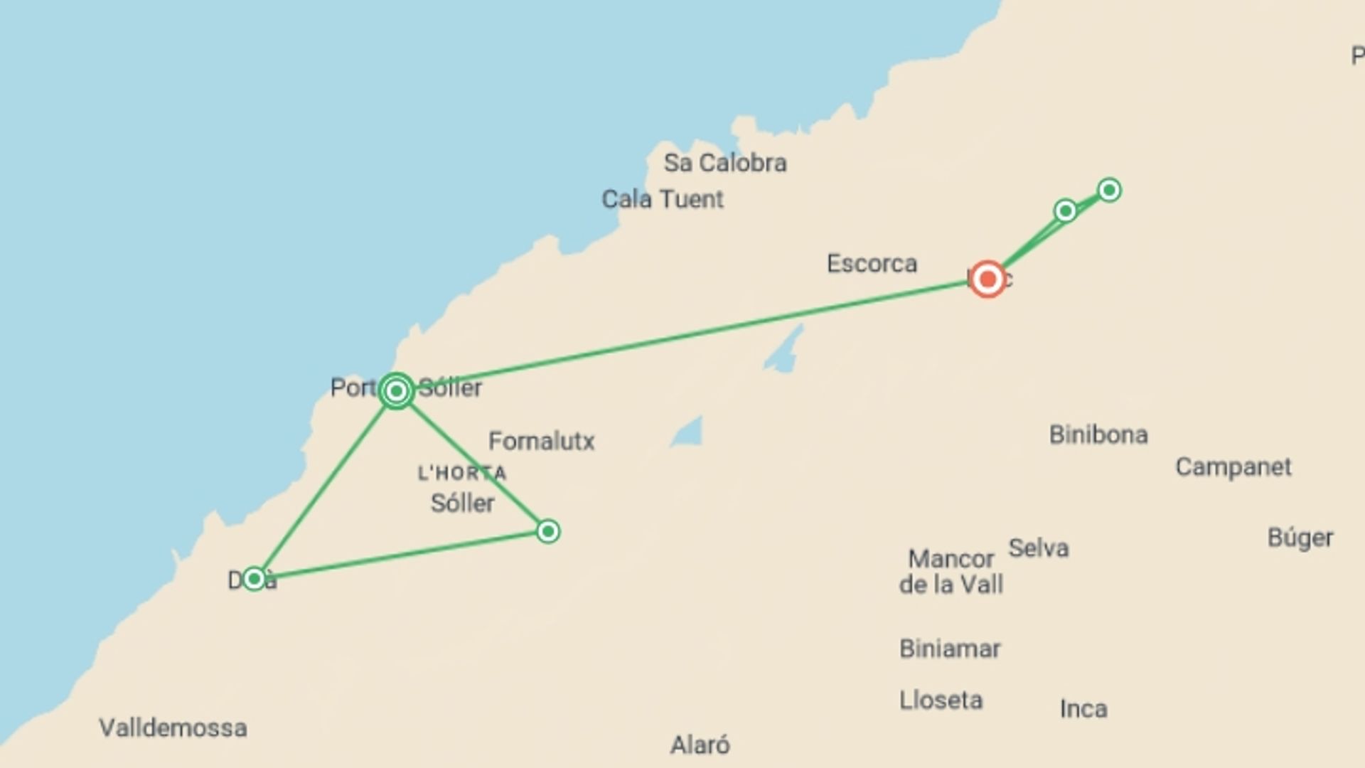 A map showing the tour itinerary for the trip: Walking in Mallorca, starting in Puerto Soller, Spain and ending in Lluc Monastery, Spain going through 6 other destinations.
