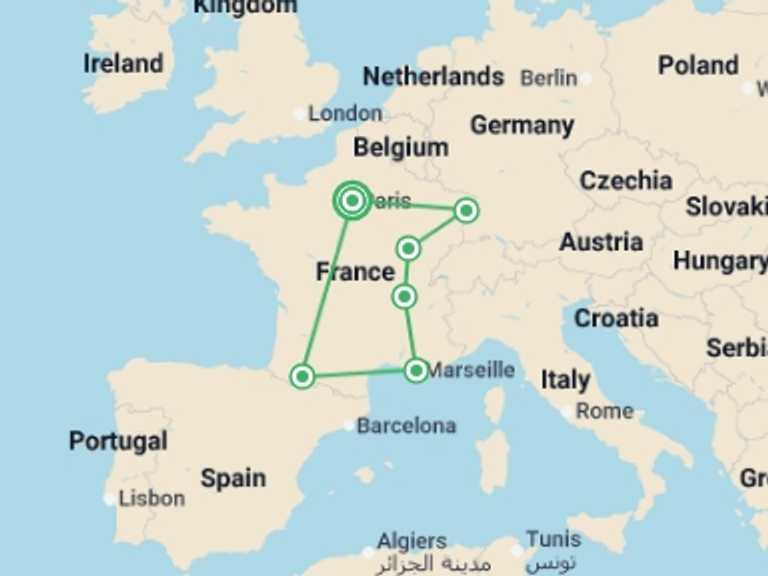 Map of Europe Explorer Tour with 6 destination visits for the trip: Journey Through France's Enchanting Past - 8 days