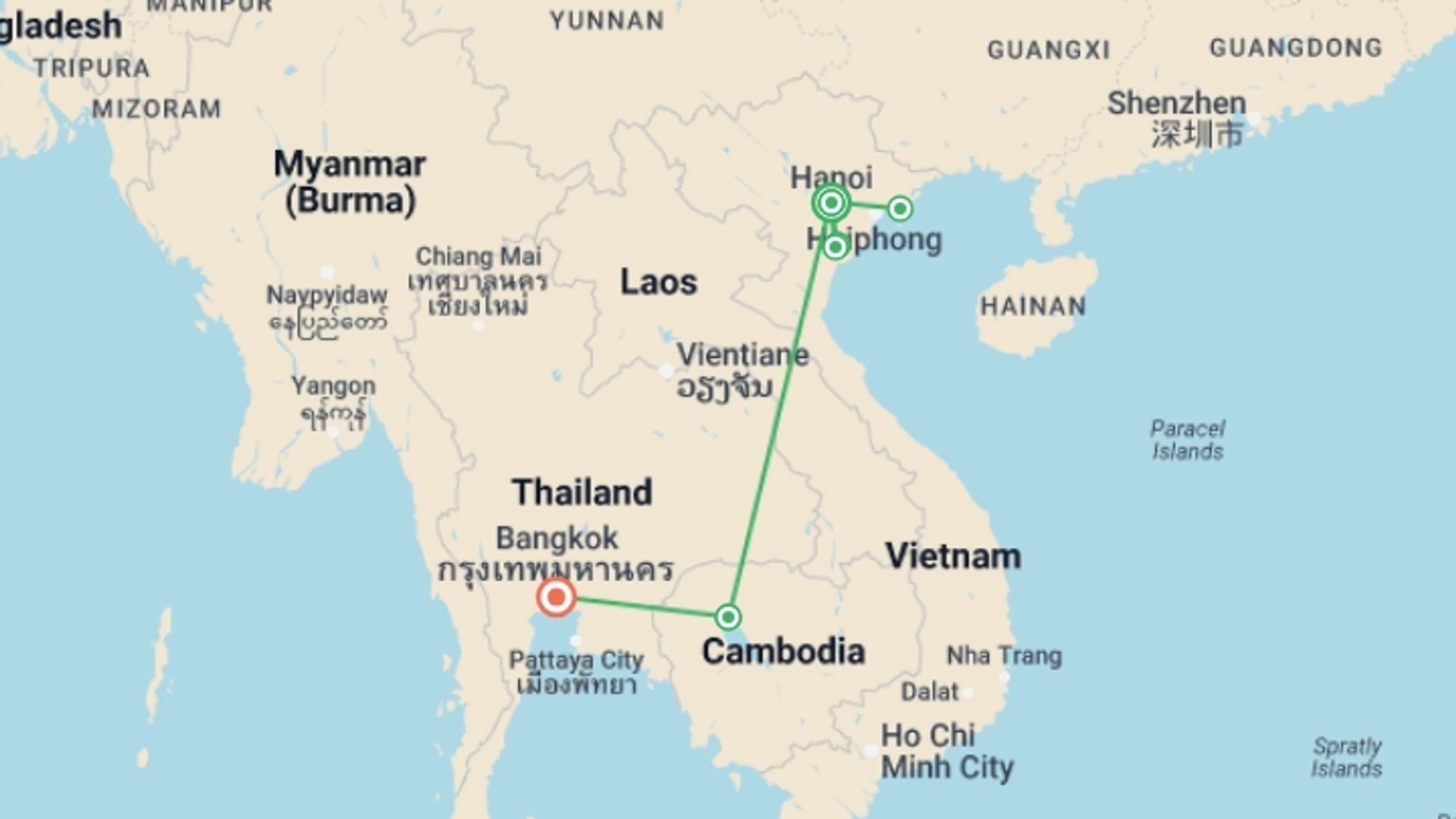 A map showing the tour itinerary for the trip: Highlights of Vietnam, Cambodia & Thailand, starting in Hanoi, Vietnam and ending in Bangkok, Thailand going through 6 other destinations.