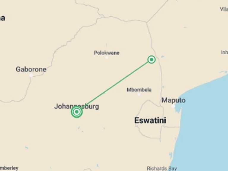 Map of Johannesburg Wildlife Tour with 2 destination visits for the trip: Kruger Lodge Experience