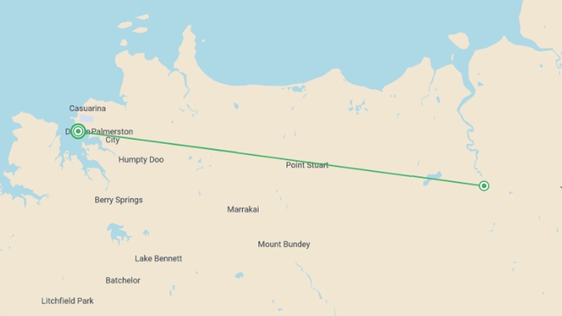 A map showing the tour itinerary for the trip: Darwin & Kakadu Explorer (Accommodated) - 2 days, starting in Darwin, Australia and ending in Darwin, Australia going through 1 other destinations.