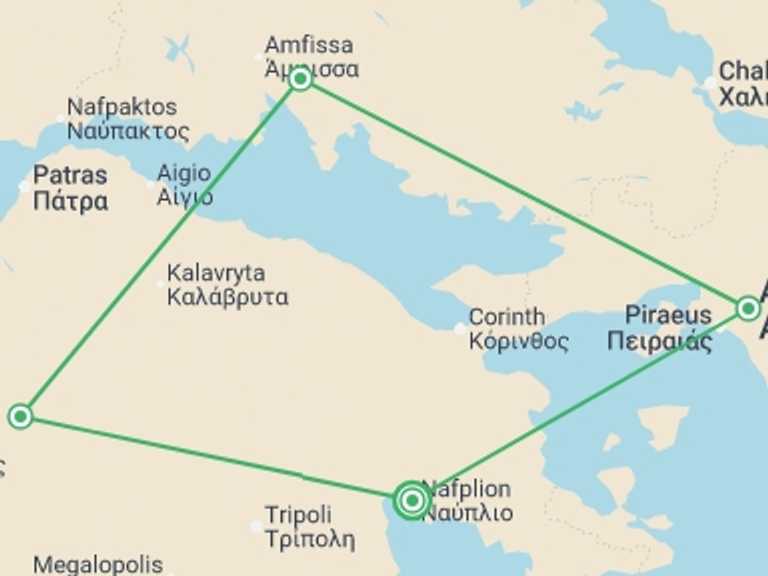 Map itinerary of Greece Tour in October 2026 with 4 destination visits for the trip: 4 Days Mainland Greece With Meteora And Nafplion
