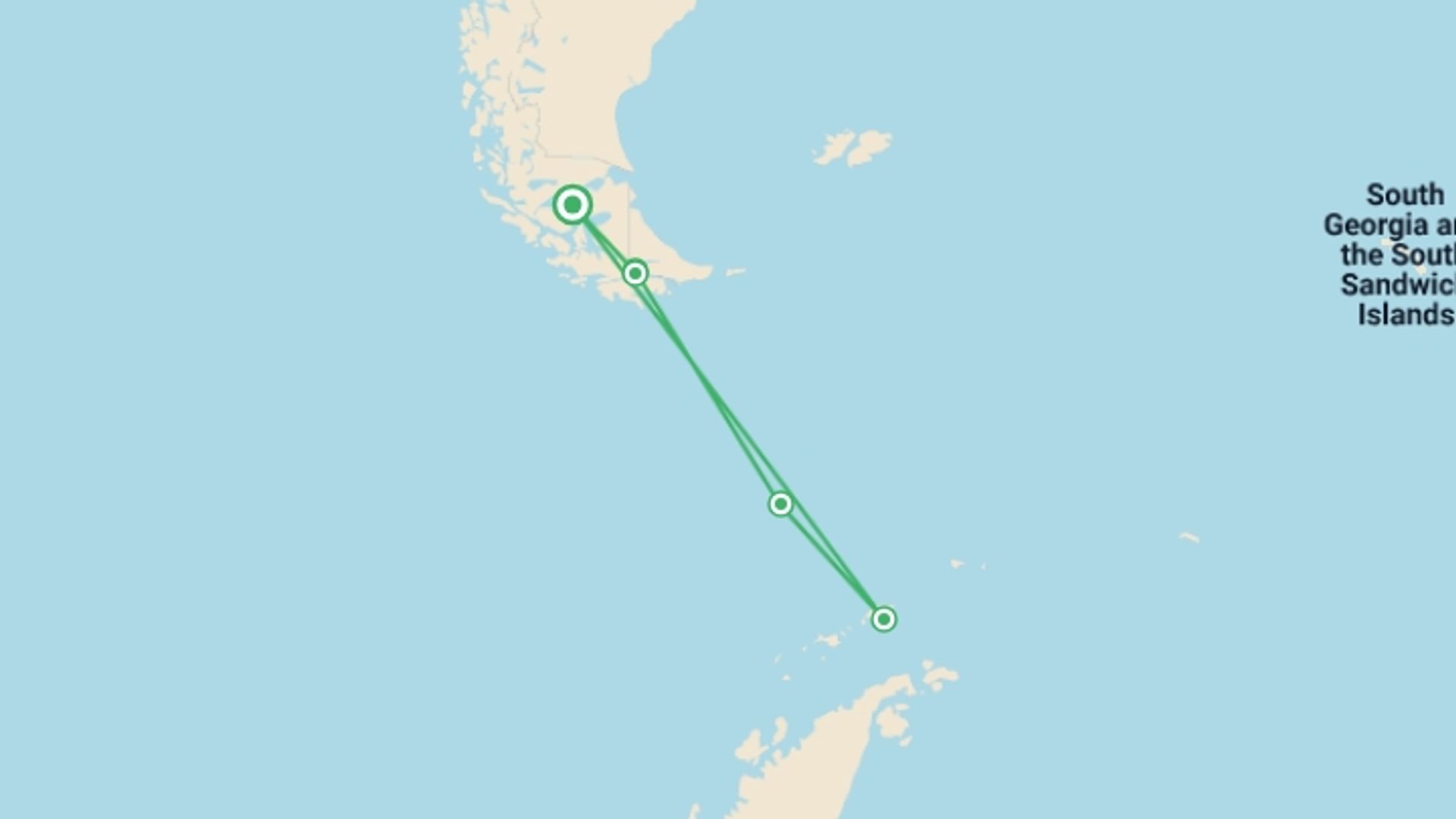 A map showing the tour itinerary for the trip: Antarctic Express: Cruise South, Fly North, starting in Punta Arenas, Chile and ending in Punta Arenas, Chile going through 4 other destinations.