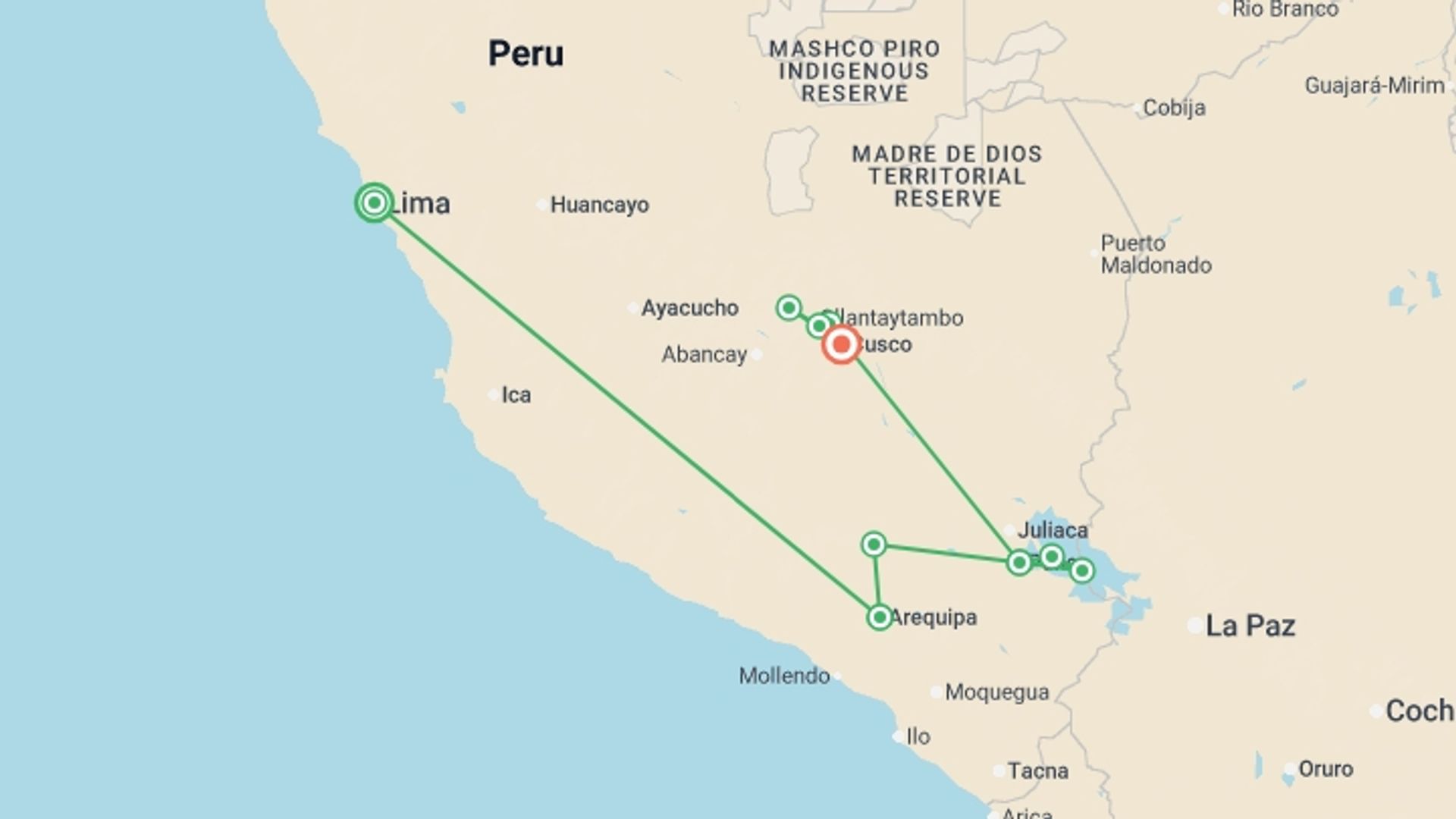 A map showing the tour itinerary for the trip: Classic Peru, starting in Lima, Peru and ending in Cusco, Peru going through 7 other destinations.